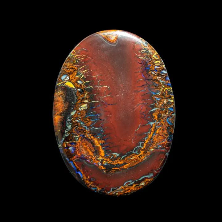 70.2-carat oval-shaped natural Australian Koroit opal has magnificent arabesques of yellow, copper and blue-grey colors studded with brilliant violet sparkles.