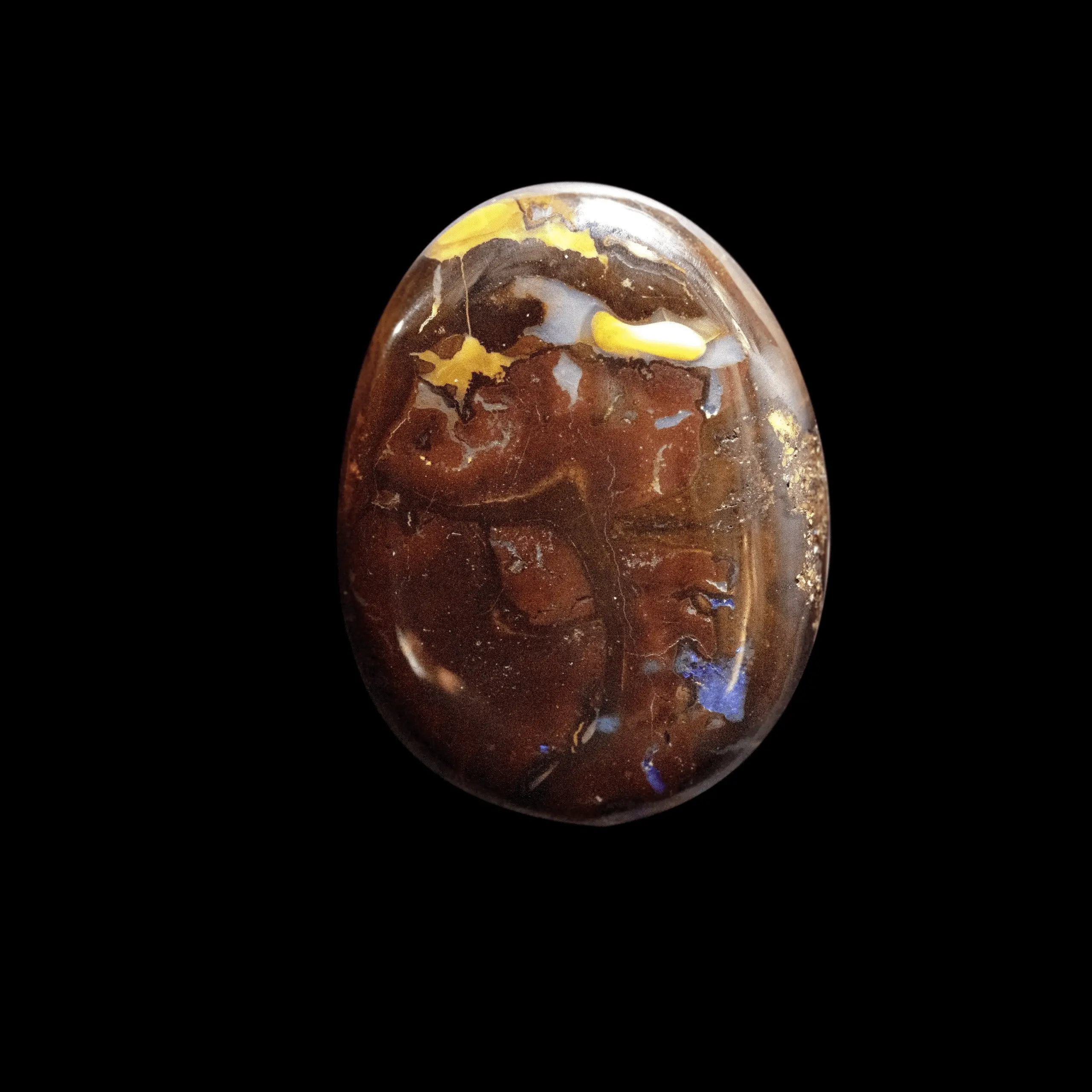 Opale naturelle australienne koroit, cabochon de 24,8 carats à zone colorée brillante violette et lumineuse jaune franc
