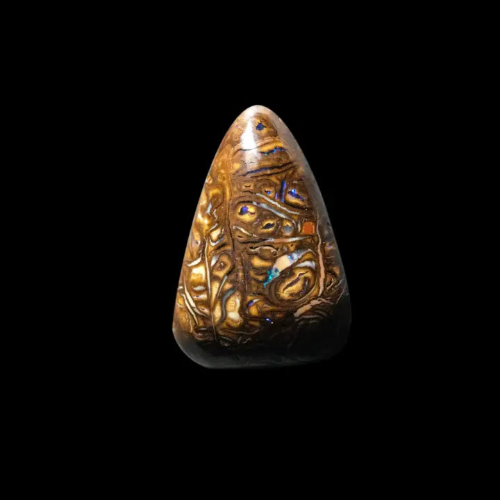 Natural Australian Koroit opal, 6.4 carats triangle-cut opal with geometric patterns studded with green and purple glitter