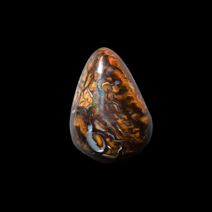 Natural Australian Koroit opal, 11.3 carat pear-shaped Koroit opal with coloured patterns adorned with small green glints
