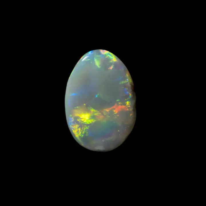 Natural Australian dark opal from the Lightning Ridge mines, beautiful oval of 0.9 carat with predominantly yellow, orange, purple, blue and green compartmentalized brilliance.