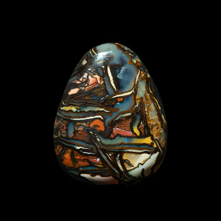 Natural Australian opal from the Koroit mines, a splendid 19.2-carat teardrop with coloured geometric motifs on both sides.