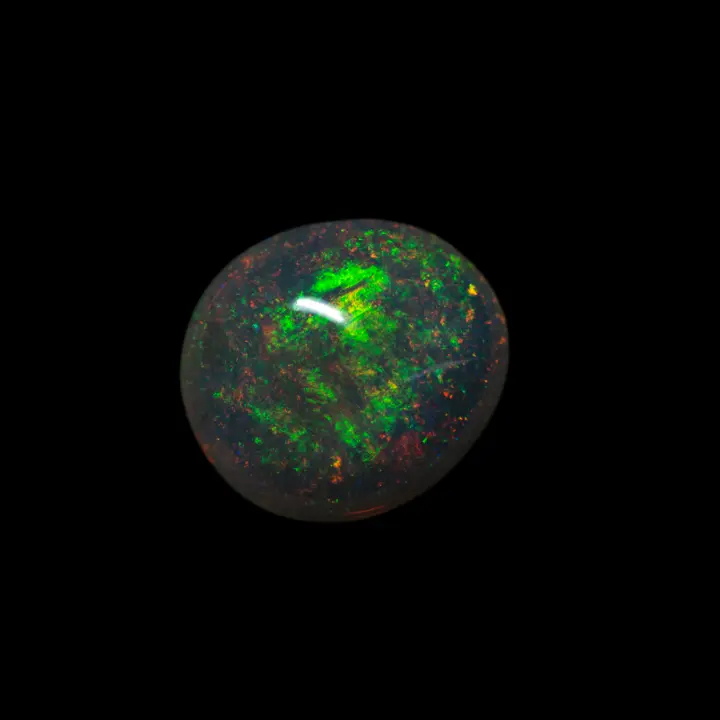 Natural Brazilian opal, polished on both sides, 7.5-carat clear oval cabochon, predominantly green and orange, very bright.