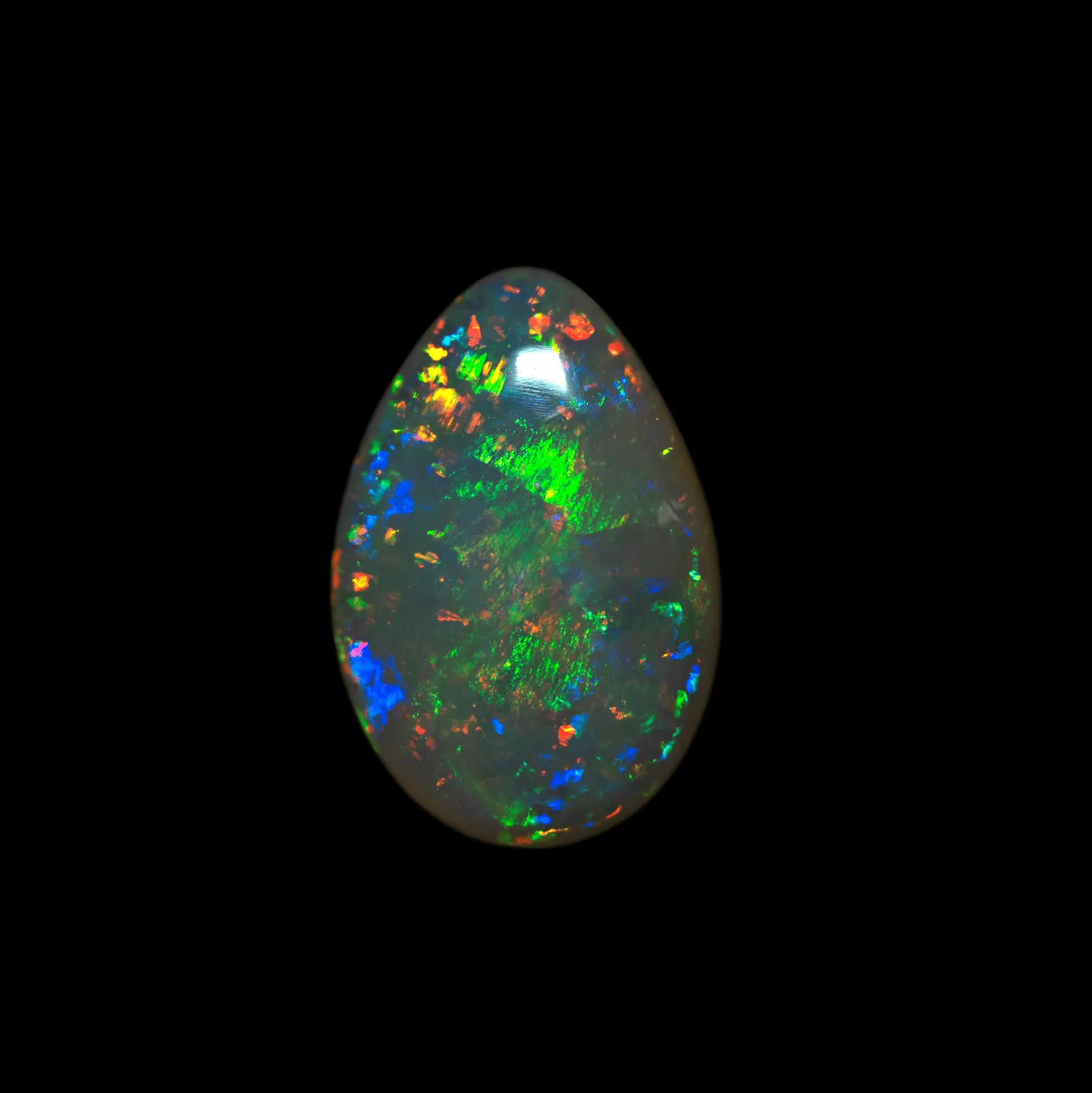 Natural Brazilian opal from the Horca mines, very beautiful, clear and very bright cabochon with various green, orange, red and purple diffracted colors.