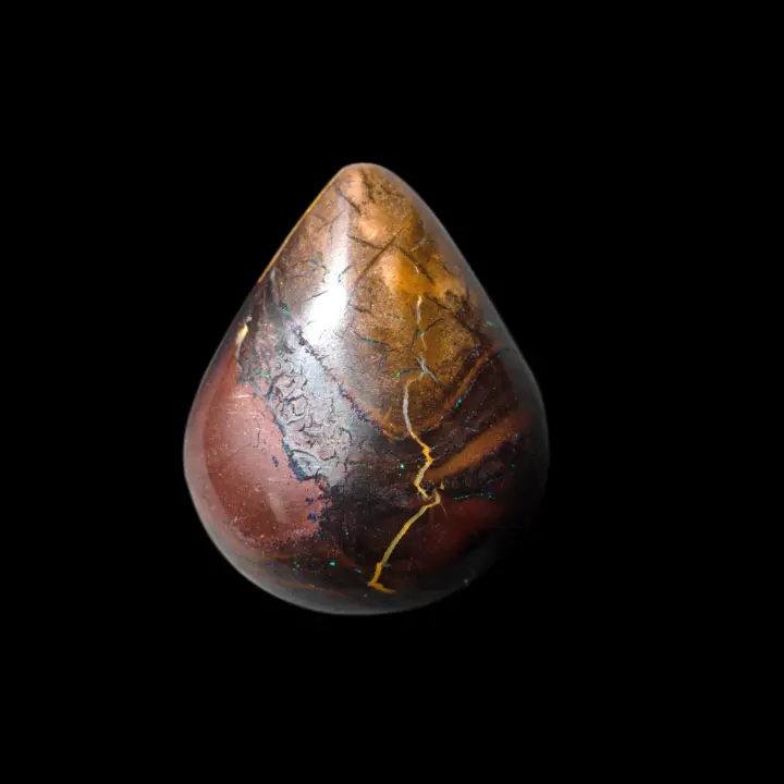 Natural Australian opal from the Koroit mines, cut in a pear shape, this 25.4 carat yellow zebra opal has two colors separated by an opalized necklace.