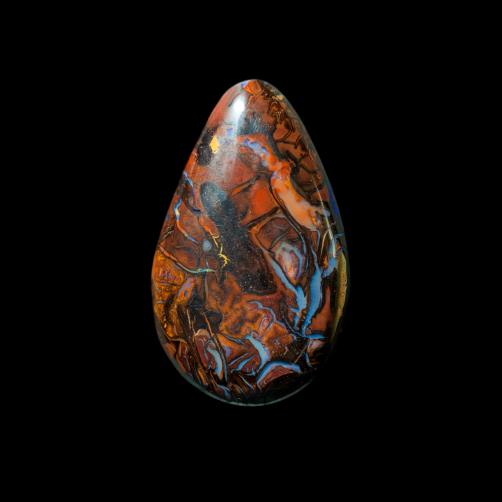 Natural Australian opal from the Koroit mines, 17.3 carat drop with interlaced orange and blue patterns