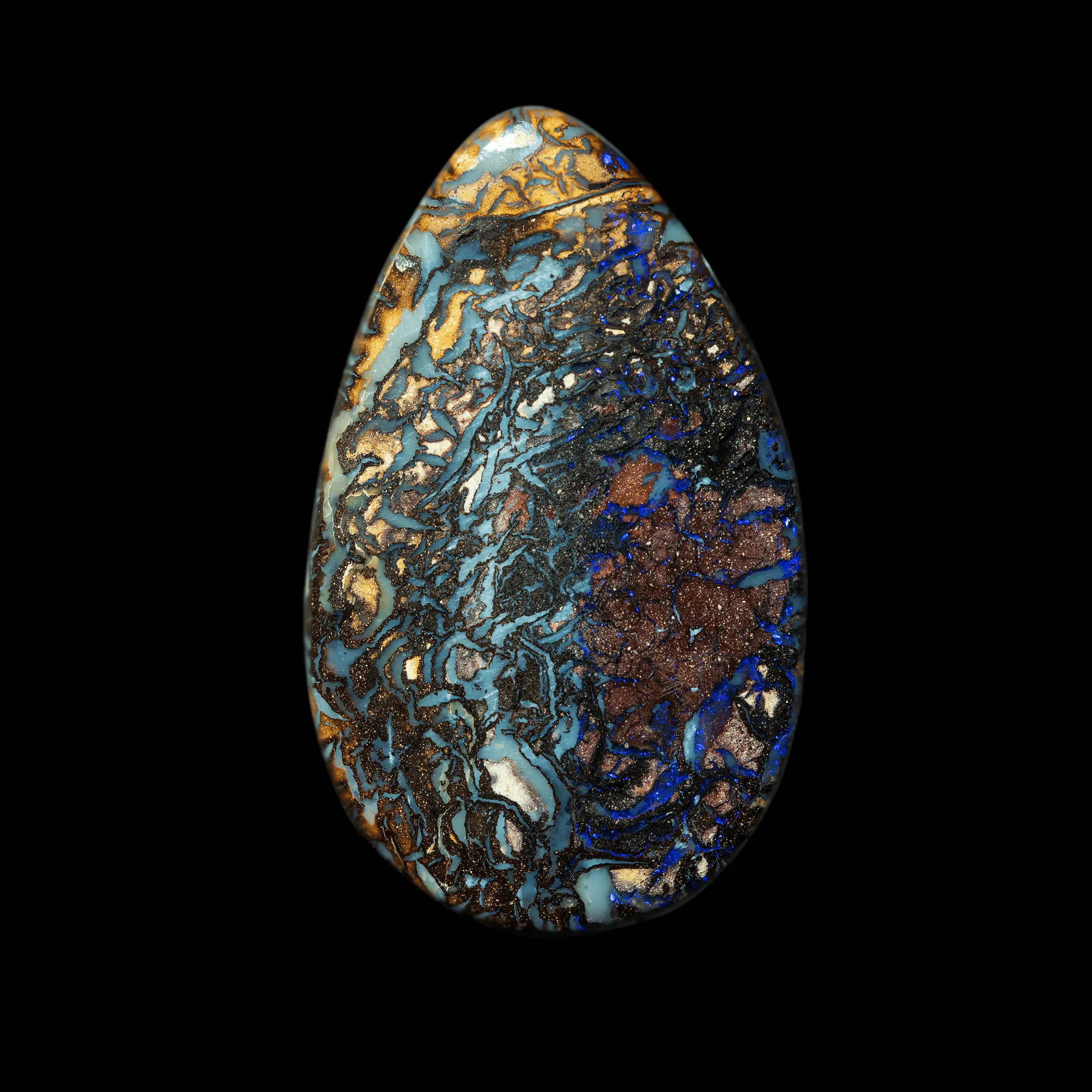 Natural Australian opal from the Koroit mines, drop shape of 36.2 carats with highly decorative mixed patterns of shades of blue, golden yellow and violet brilliance.