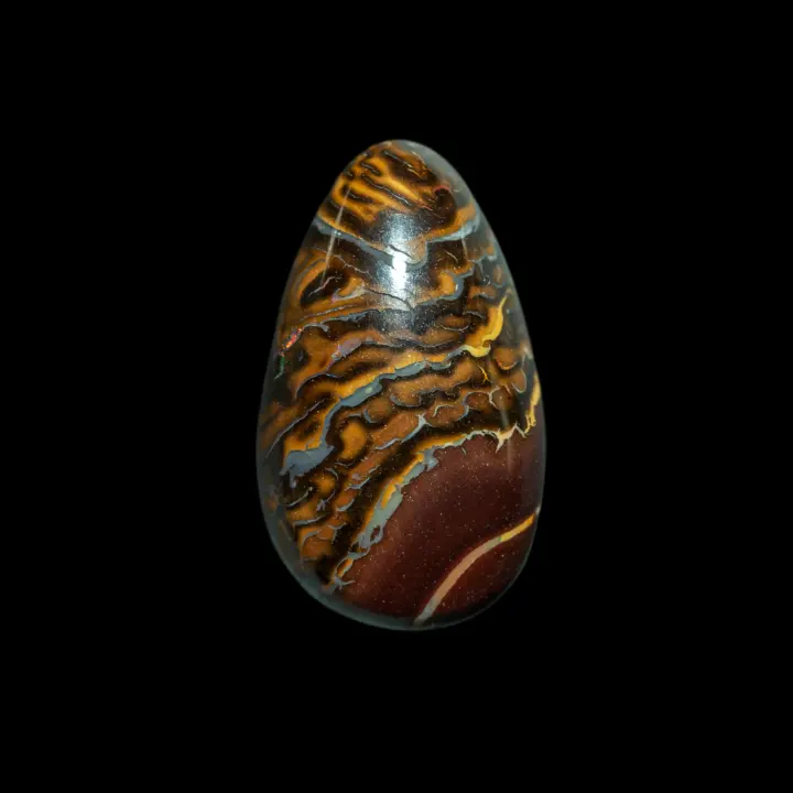 Natural Australian opal from the Koroit mines, 5.8 carat drop-shaped cabochon finely decorated with interlaced yellow, brown and grey patterns