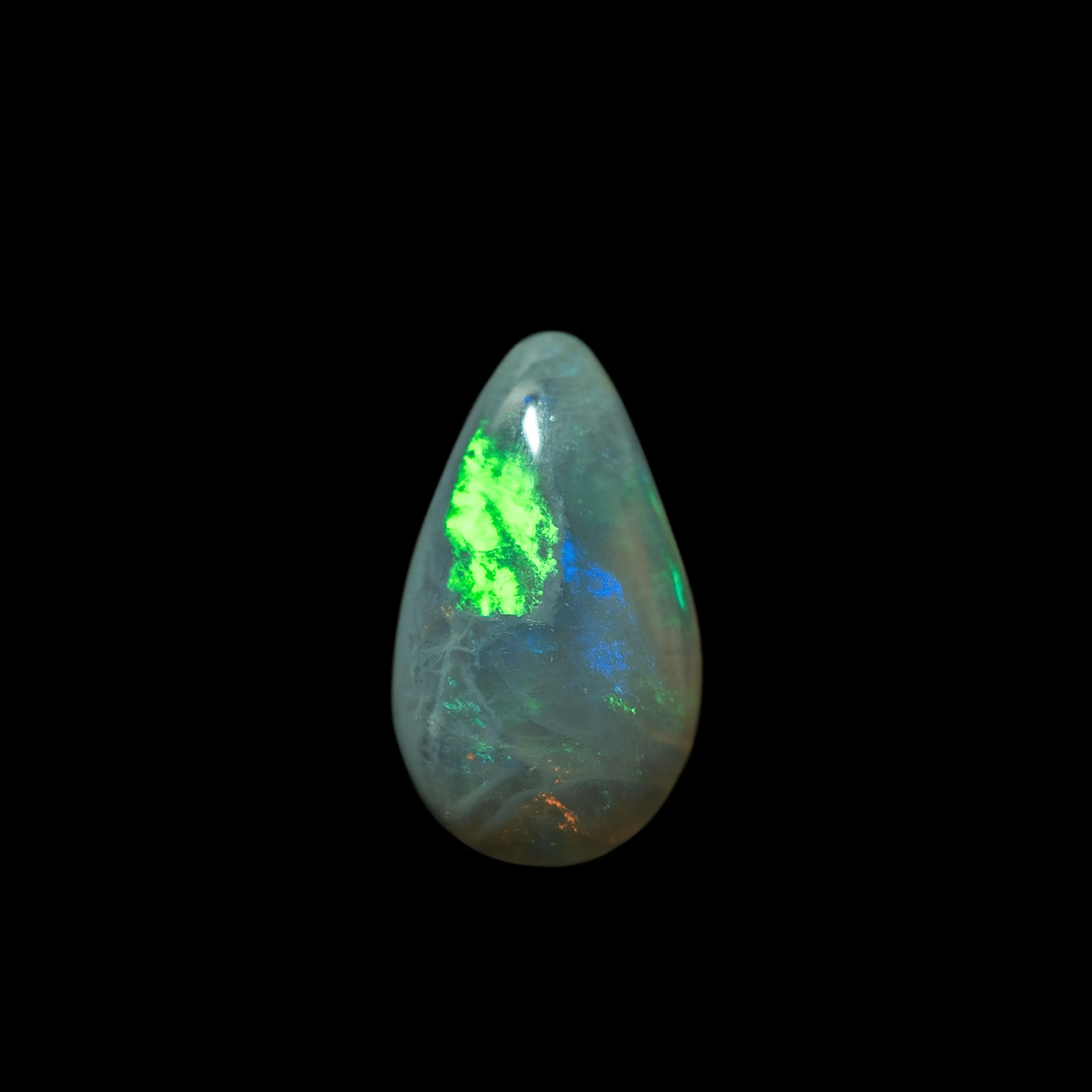 Natural Australian opal from the Lightning Ridge mines, pretty little 0.9 carat drop of dark opal with green, blue and orange sparkles.