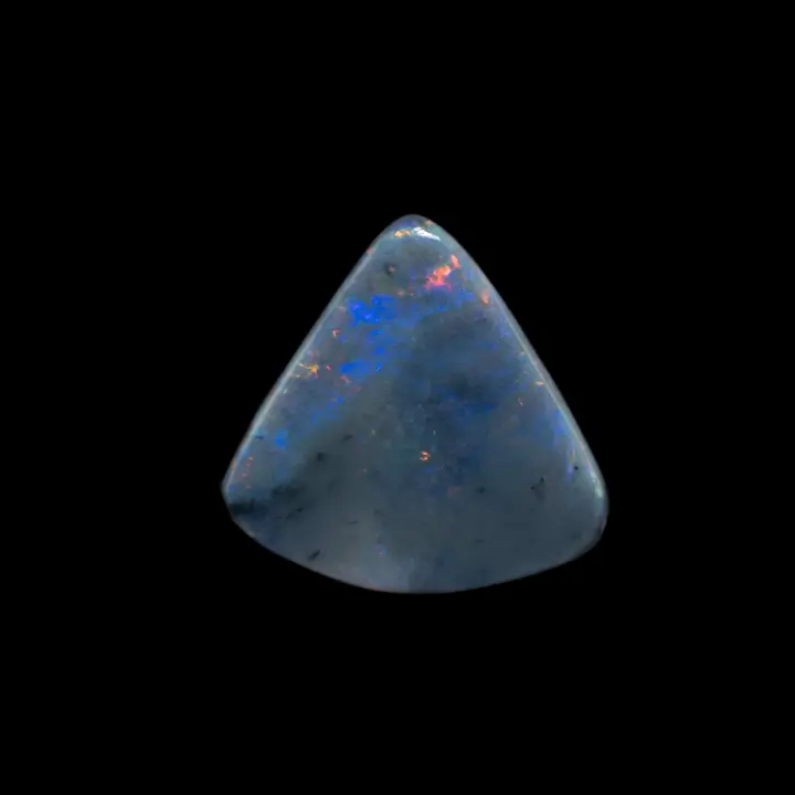 Natural Australian opal from the Lightning Ridge mines, 1.5 carat triangle-cut dark opal with slate-grey body and predominantly violet-blue lustre