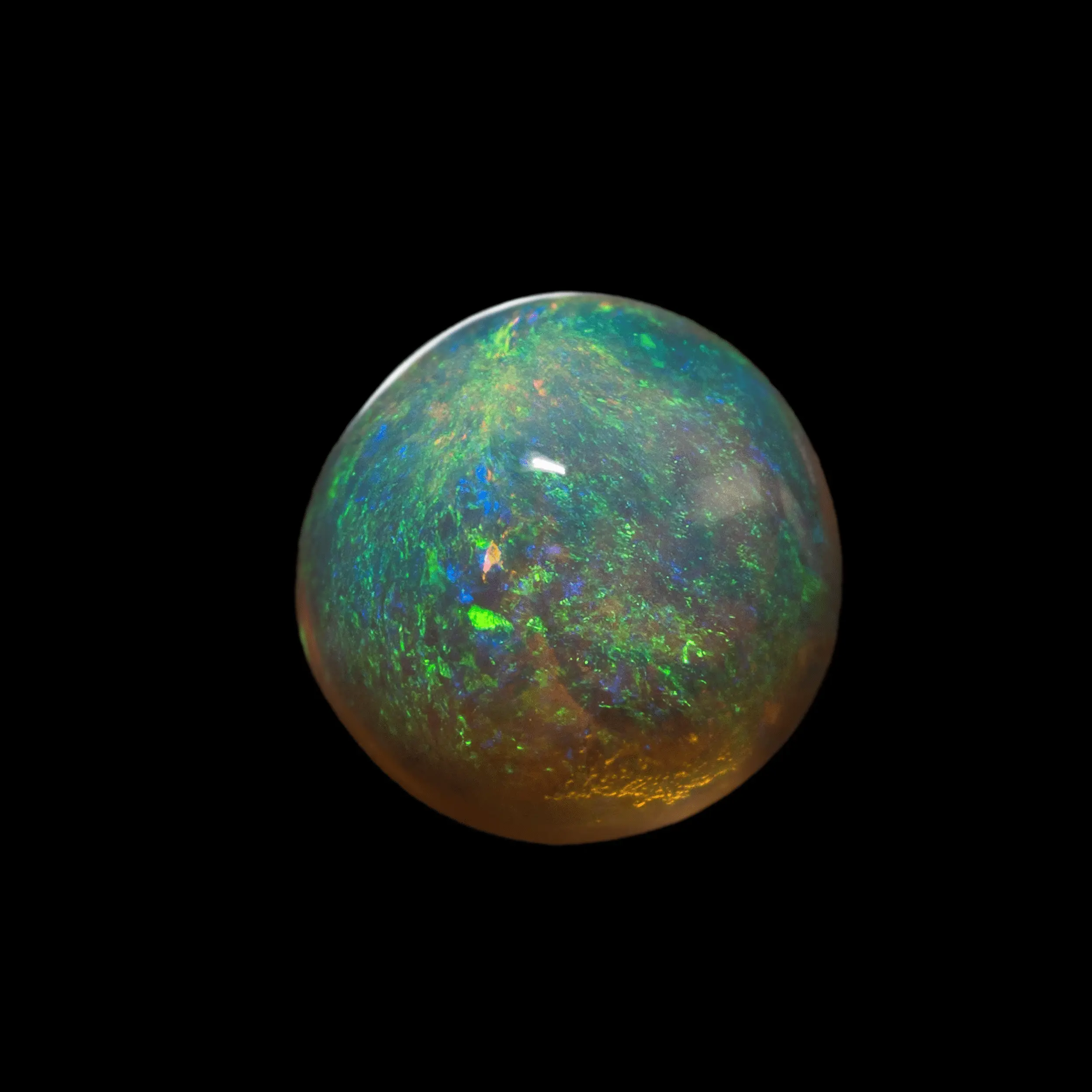 Natural Australian opal from the Lightning Ridge mines, brilliant half sphere of 2.1 carats of clear crystal opal, its majority diffracted color is green but also yellow and blue.
