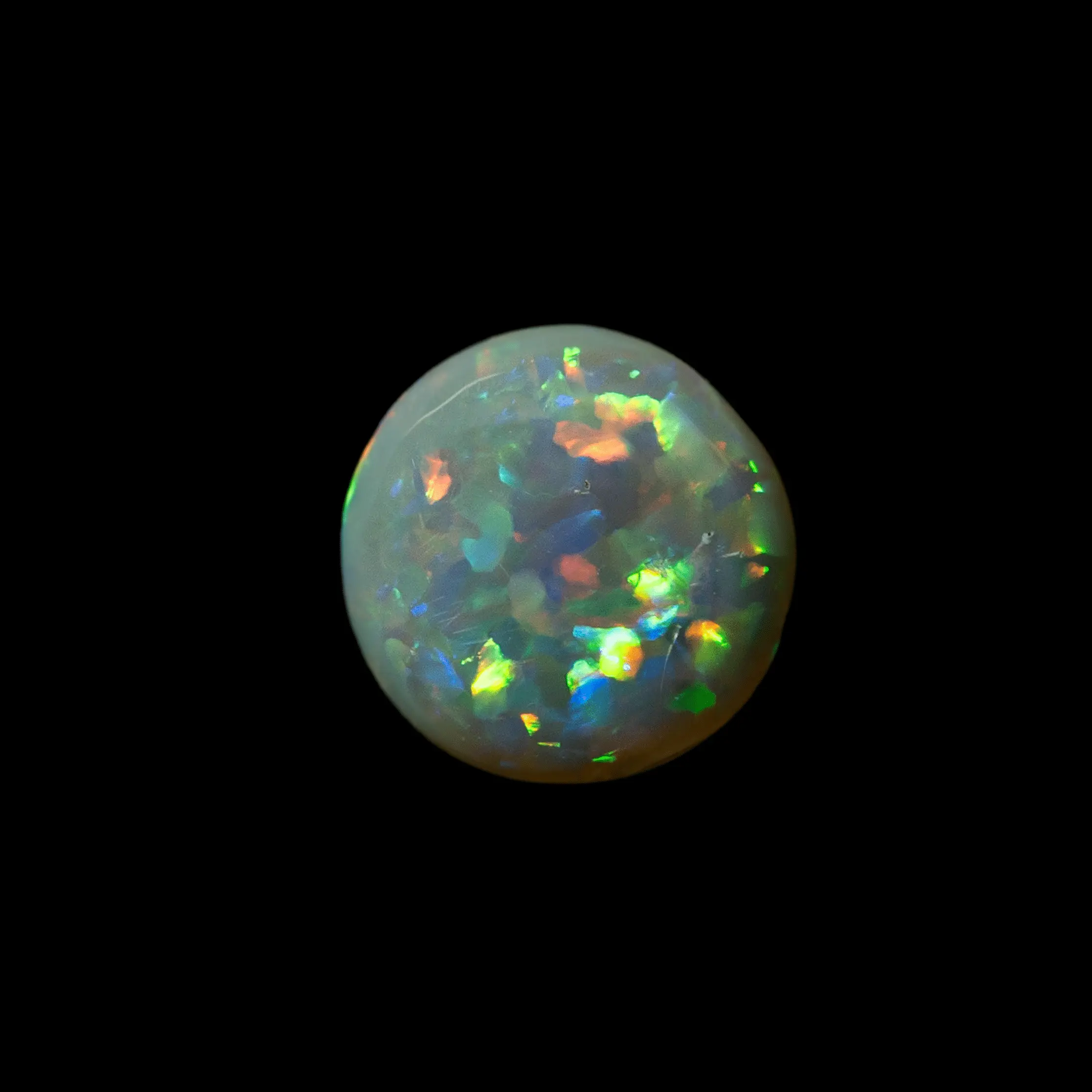 Natural Australian opal from the Lightning Ridge mines, 0.8 carat round dark opal with broad green, yellow but also orange and yellow colored chips.