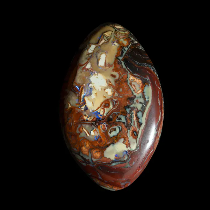 Natural Australian opal from the Koroit mines, oval spindle-shaped, 70.4 carats, with opal pattern and violet lustre