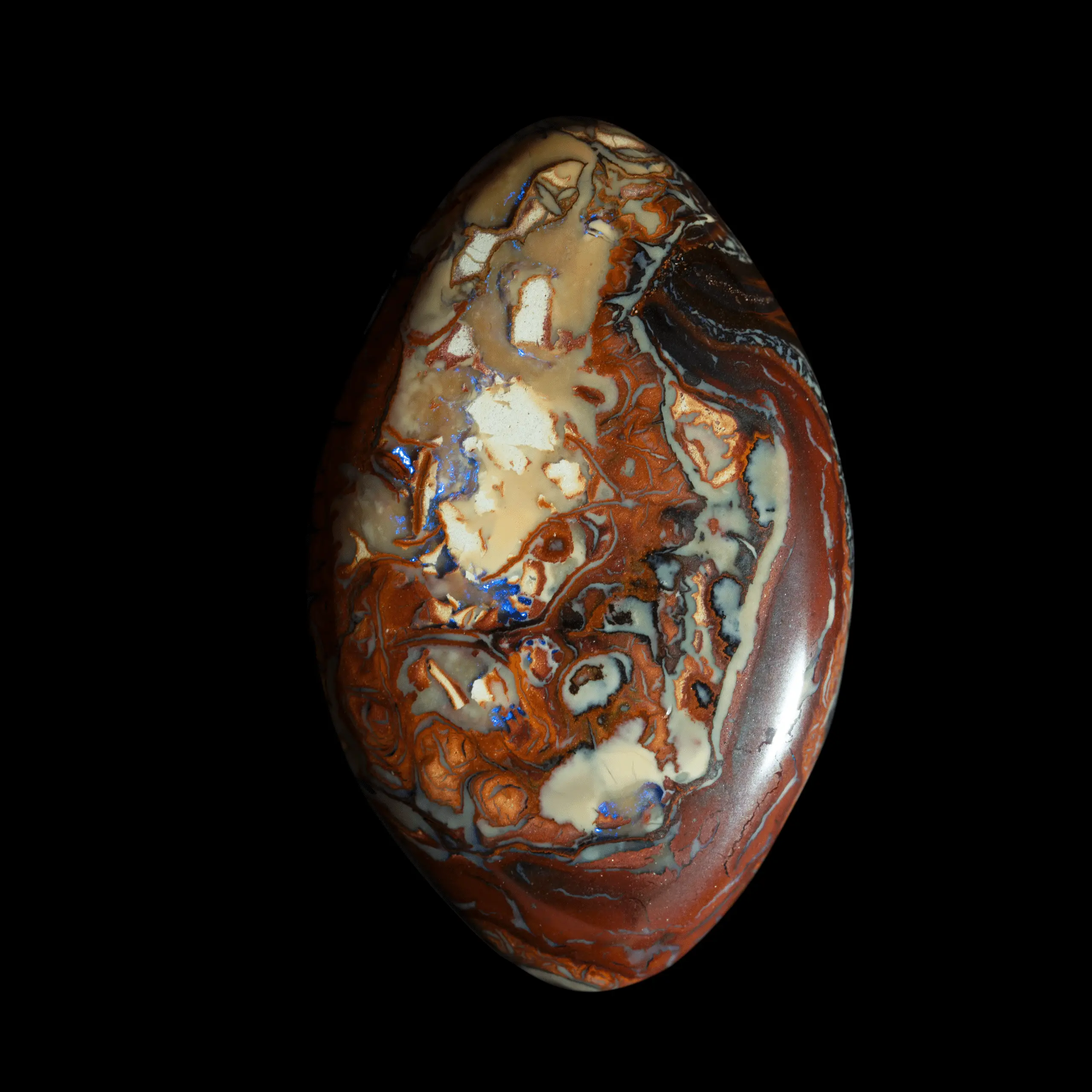 Natural Australian opal from the Koroit mines, oval spindle-shaped, 70.4 carats, with opal pattern and violet lustre