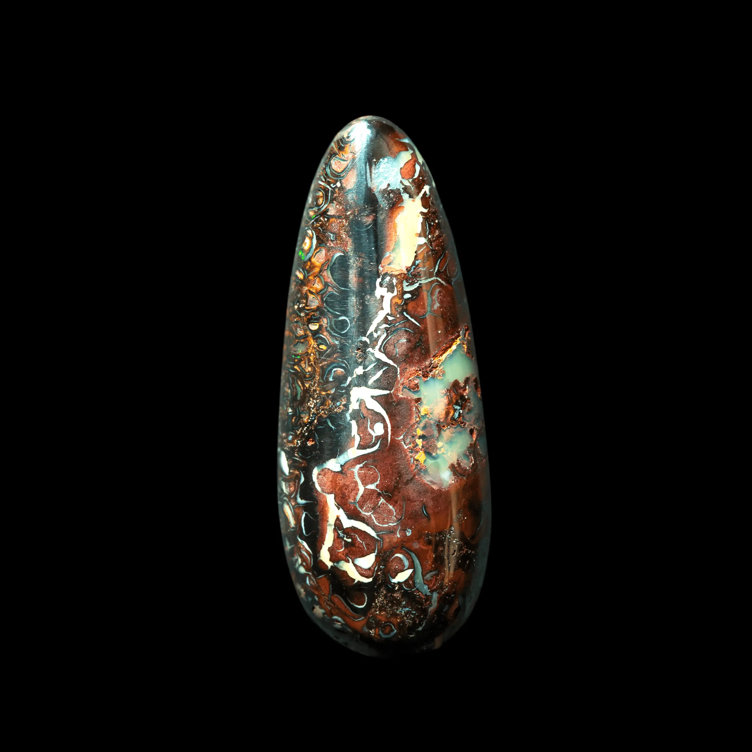Natural Australian opal from the Koroit mines, teardrop shape of 12.9 carats with white festoons and lagoon-type crystalline opalization.