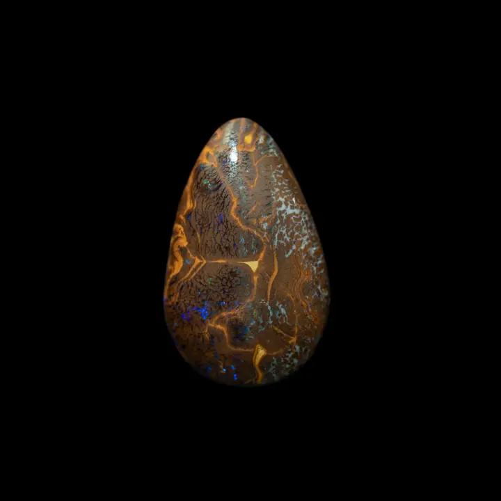 Opale naturelle australienne Boulder de type matricielle de 30,2 carats polie sur ces 2 faces, filigranes dorés, brillances violettes et matrice en écailles brunes