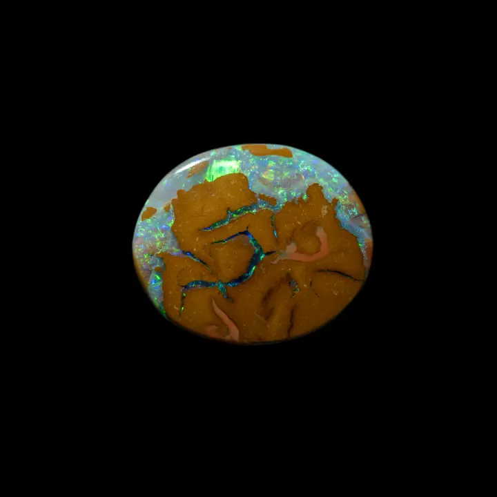 Natural Australian opal from the Koroit mines, oval opal of 4.6 carats, flat yellow ochre matrix, strongly opalized in cap and very bright crystalline veins.