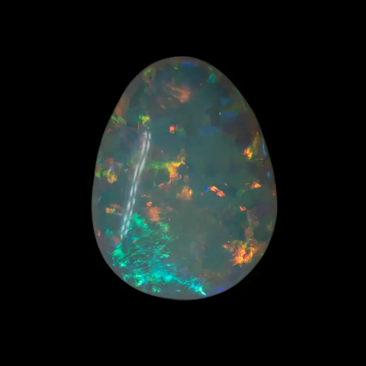 Natural Brazilian opal from the Horca mines, magnificent cabochon of 3.40 carats, very bright and colorful, polished on both sides with dominant orange and blue colors.