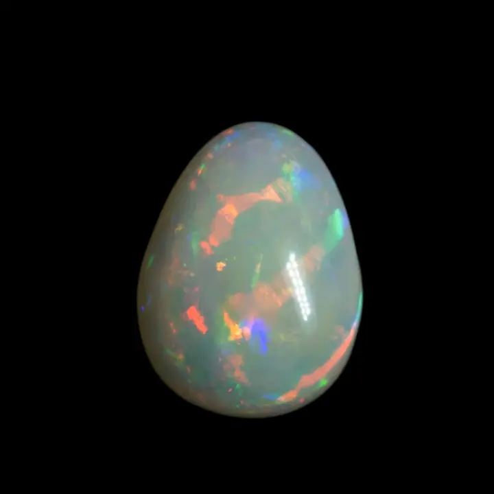 Natural Brazilian opal from the Horca mines, 2.3-carat drop of very clear crystal opal with three magnificent orange-red ribbons enveloping this multicolored stone.