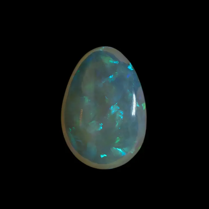 Opale naturelle Brésilienne des mines d'Horca, cabochon d'opale cristal clair en forme de goutte de 1,6 carat poli sur ces deux faces, rare brillance quasi monochrome bleue