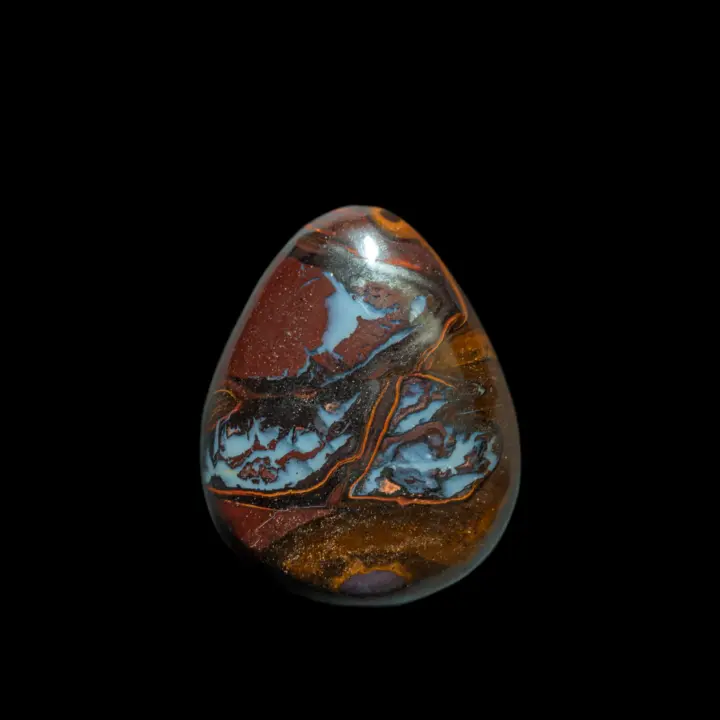 Natural Australian opal from the Koroit mines, drop of 19.7 carats rust-brown veined with orange and blue