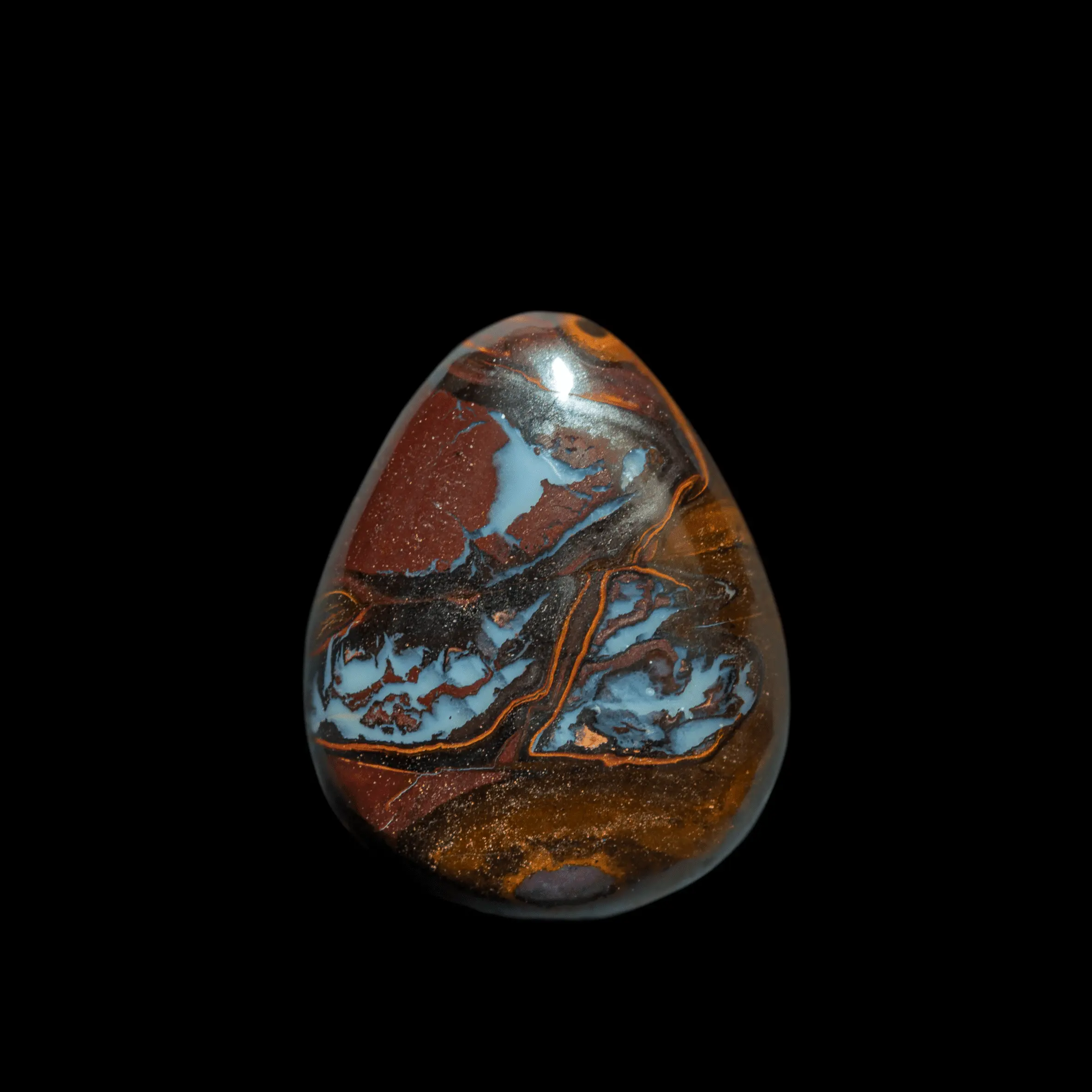 Natural Australian opal from the Koroit mines, drop of 19.7 carats rust-brown veined with orange and blue
