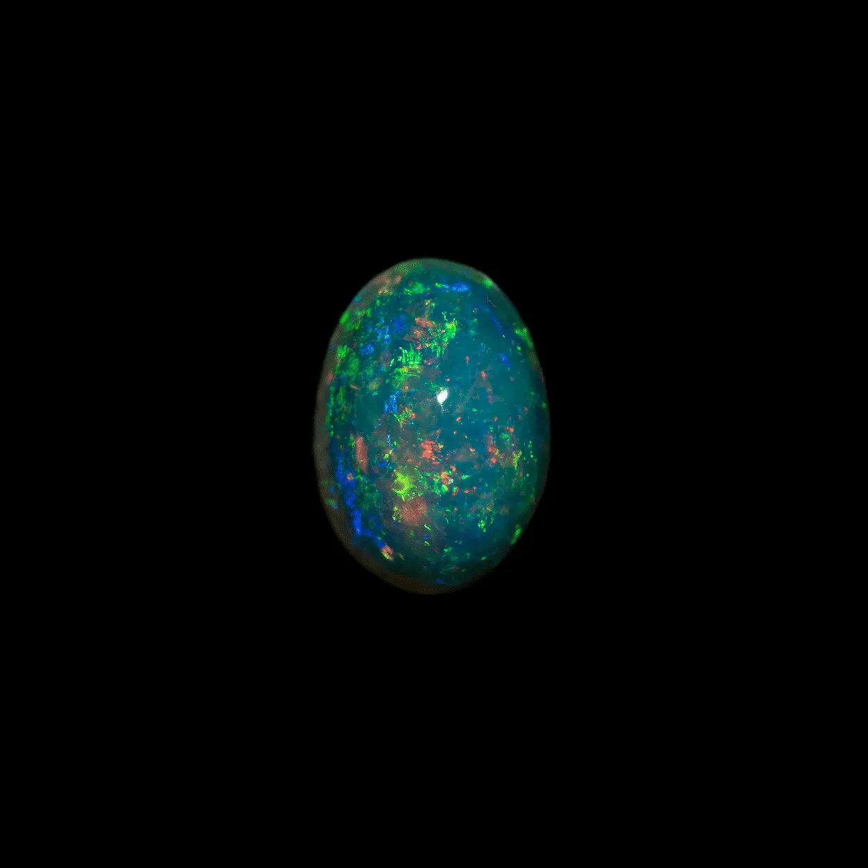 Natural Brazilian opal from the Horca mines, cabochon of 1.3 carats extra-bright crystal, multicolored, mostly green and blue
