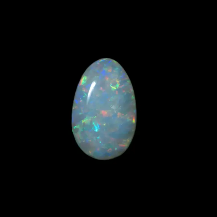 Opale naturelle australienne des mines de Coober Pedy, cabochon en larme de 0,9 carat d'opale blanche à brillances multicolores
