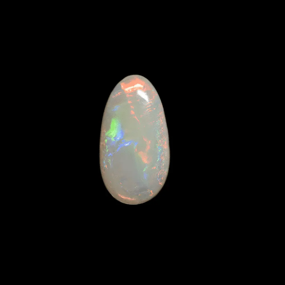 Opale naturelle australienne des mines de Coober Pedy, cabochon de 1,6 carat d'opale blanche classique de cette mine à brillance multicolore avec beaucoup de rouge orangé