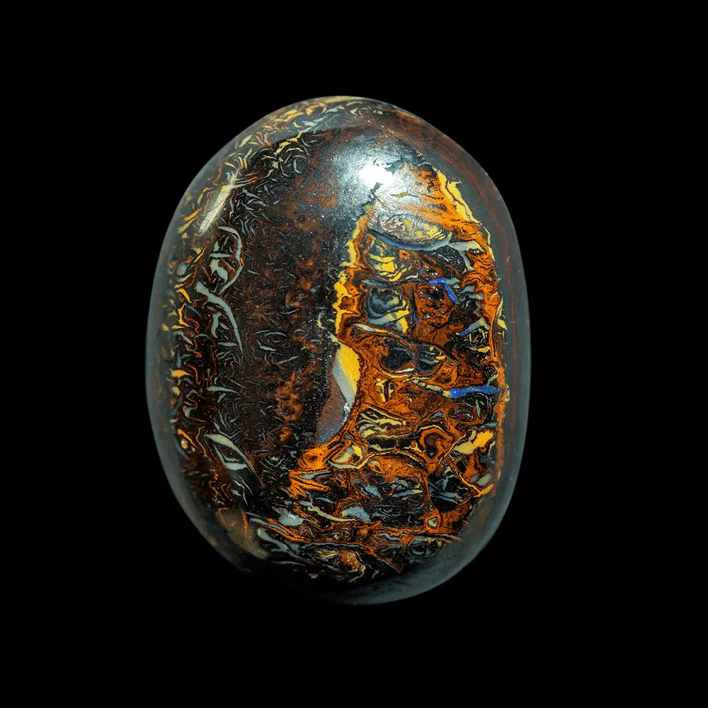 Natural Australian opal from the Koroit mines, 16.3-carat opal cabochon with highly decorative, contrasting patterns of yellow, brown, blue and orange.