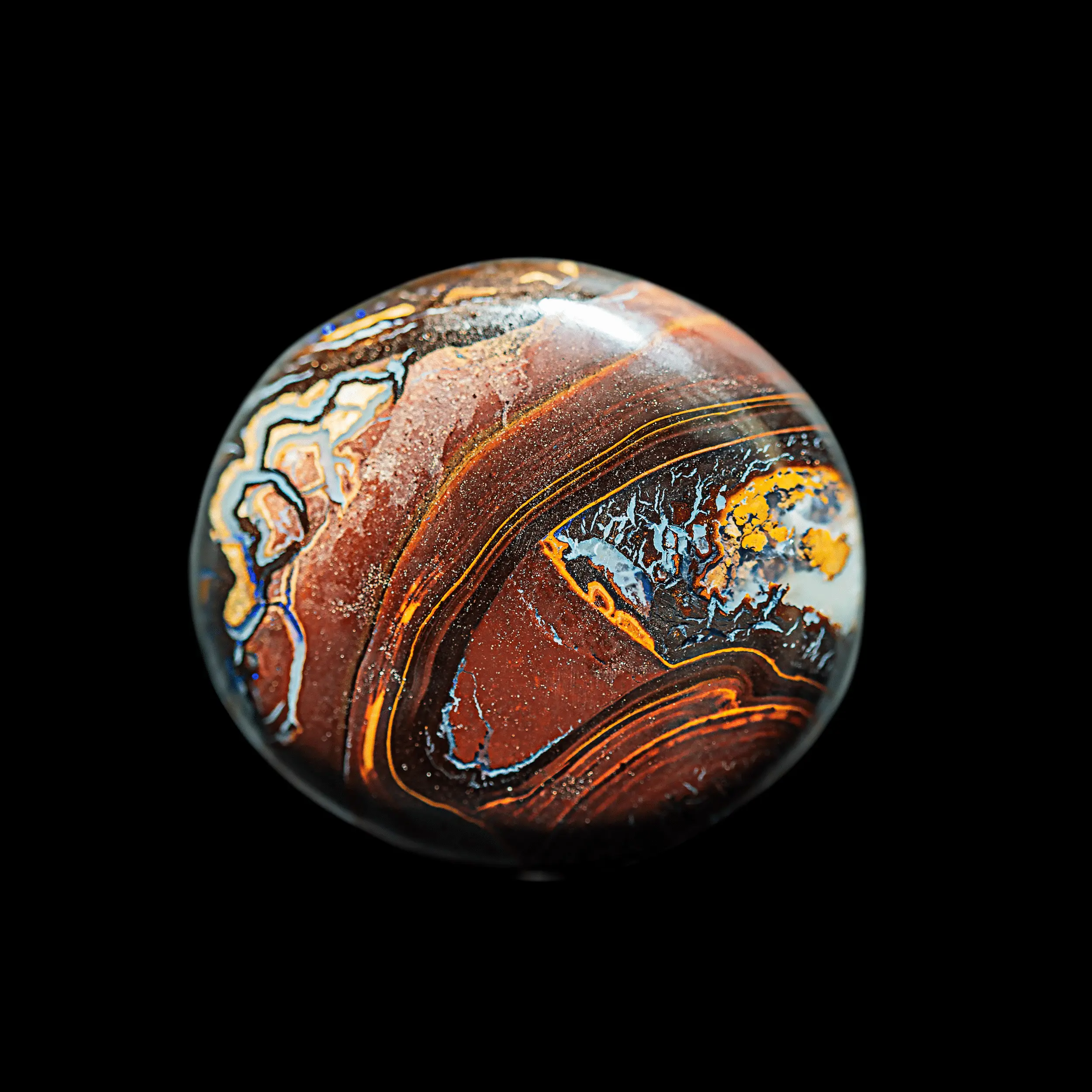 Natural Australian opal desmines Koroit, circle of 51.4 carats brown veined with yellow, orange and blue