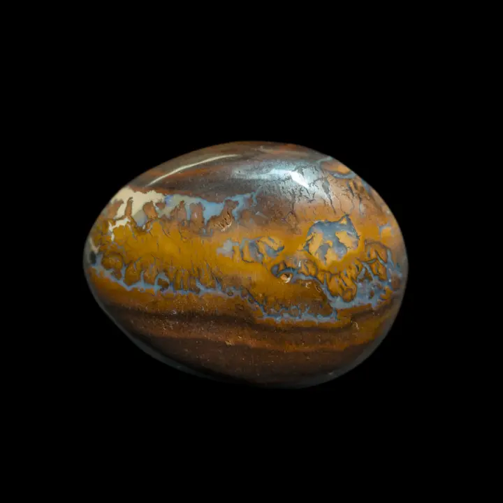 Natural Australian opal from the Koroit mines, 36.3 carat cabochon with typical ochre and brown matrix and bluish-grey interlacing.