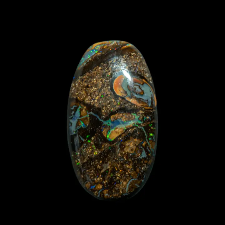 Natural Australian Yowah opal from the Koroit mines, oval cabochon of 6.5 carats adorned with coloured geometric motifs and green and violet glitter.
