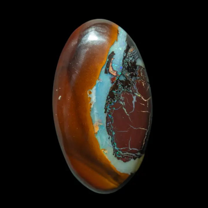 Natural Australian opal from the Koroit mines, large 17.7 carat oval almond bistre red tri-coated with colored and opalized layers