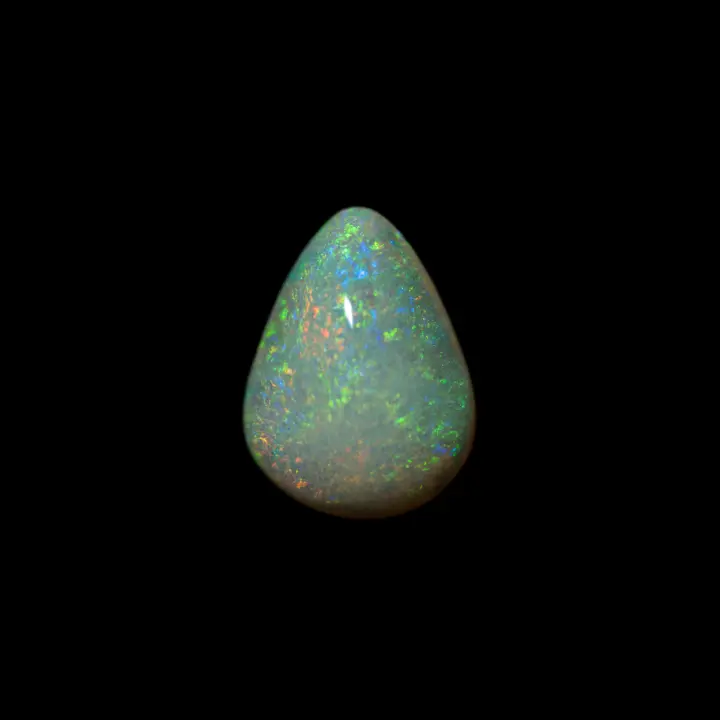 Natural Australian opal from the Lightning Ridge mines, white pear-shaped grade of 4.9 carats, brilliant dense matrix in green, yellow and orange.