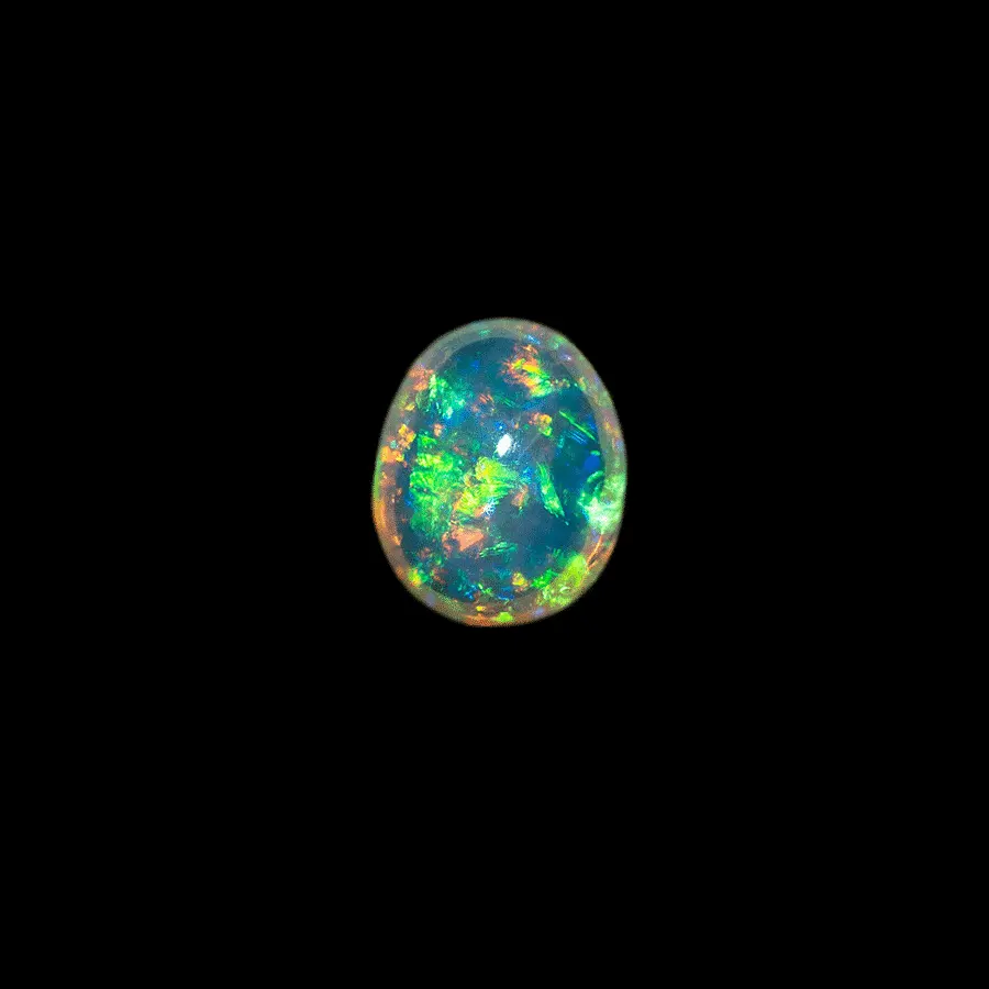 Opale naturelle Brésilienne des mines d'Horca, cabochon extra brillant de 0,3 carat poli sur ces deux faces à brillance multicolore et dominance verte