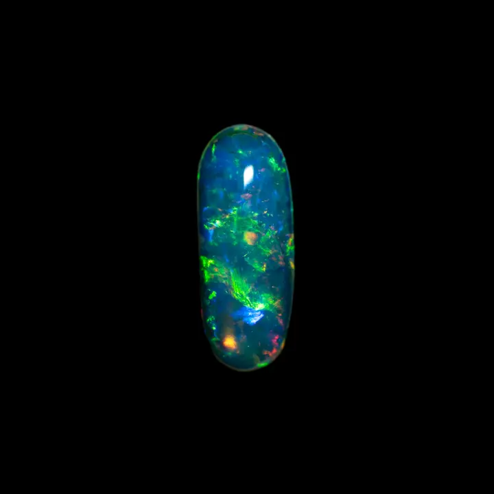 Natural Brazilian opal from the Horca mines, rare transparent rectangle cabochon polished on these two sides of 1.2 carat with brilliance in mostly green scarves highlighted by a shiny red line