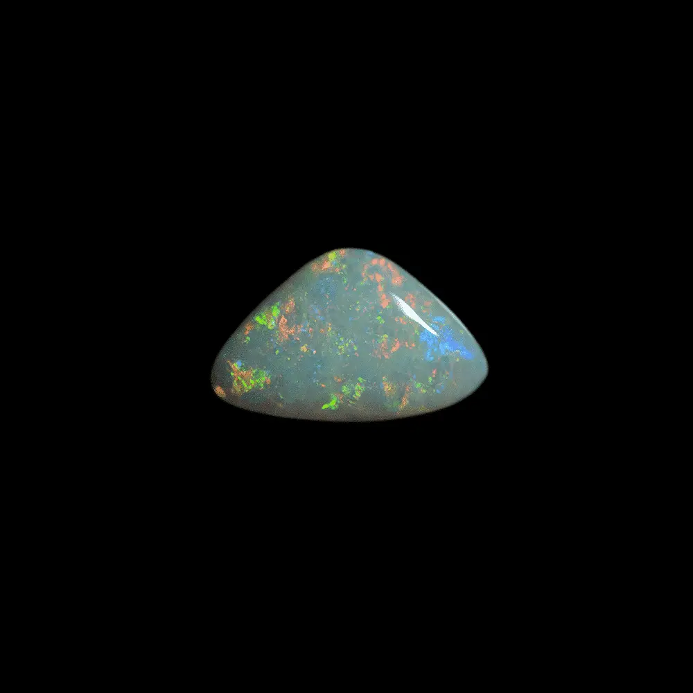 Natural Australian white opal typical of Coober Pedy's mines, 1.3 carat triangle shape with predominantly orange, yellow color