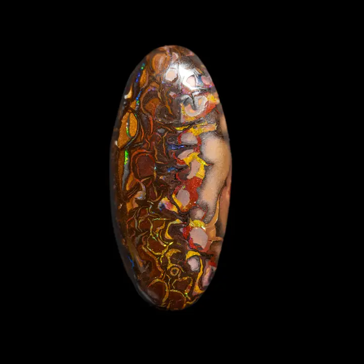 Natural Australian Koroit opal, 31.5 carat slightly elliptical oval shape with intertwined designs of yellow, red, blue coloured scrolls with green and blue brilliance
