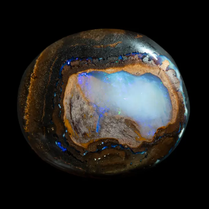 Natural Australian Koroit Opal, 71.4 Carat Dark Matrix Cabochon, Large Opal Center Surrounded by Deep Blue Frame