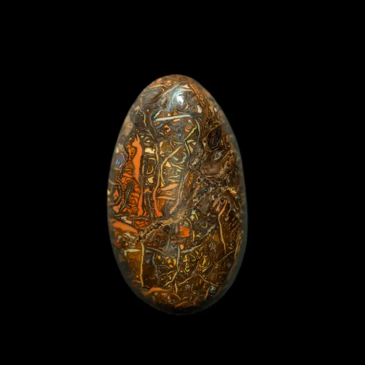 Natural Australian opal from Koroit mines, 13.6 carat cabochon with intertwined patterns and coloured blue, brown, orange and yellow