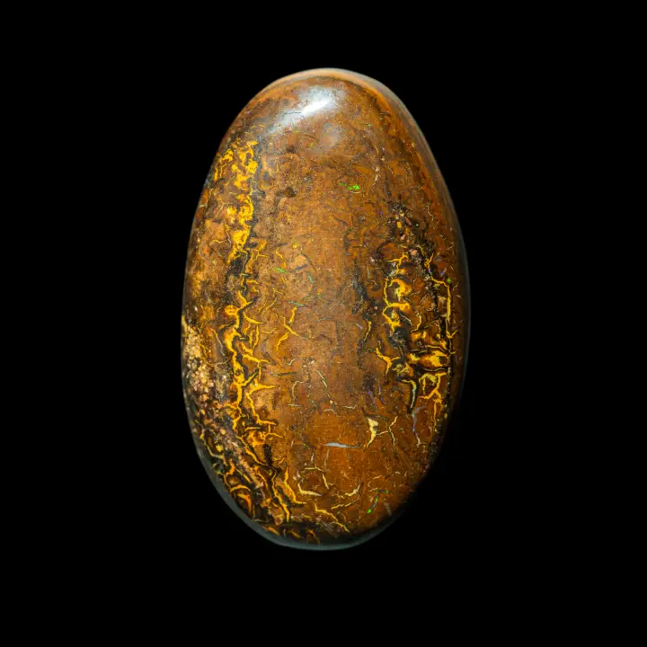Natural Australian opal from the Koroit mines, 32.9 carat cabochon reminding me of the bush desert and ochre and yellow Aboriginal motifs with chiseled lines