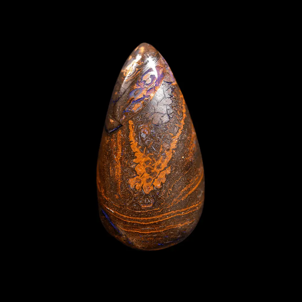 Opale naturelle australienne Koroit, goutte de 33,4 carats à dessins ocre-jaune et ruban de brillances violettes et parmes