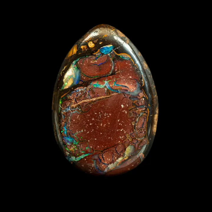 Natural Australian Koroit Opal, 27.4 Carat Teardrop Cabochon with Desert Brick Red Heart Embellished with Green and Blue Glossy Opalization