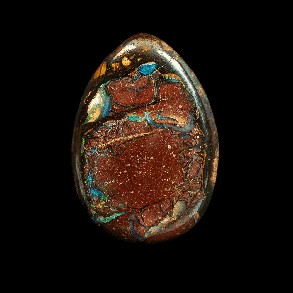 Natural Australian Koroit Opal, 27.4 Carat Teardrop Cabochon with Desert Brick Red Heart Embellished with Green and Blue Glossy Opalization