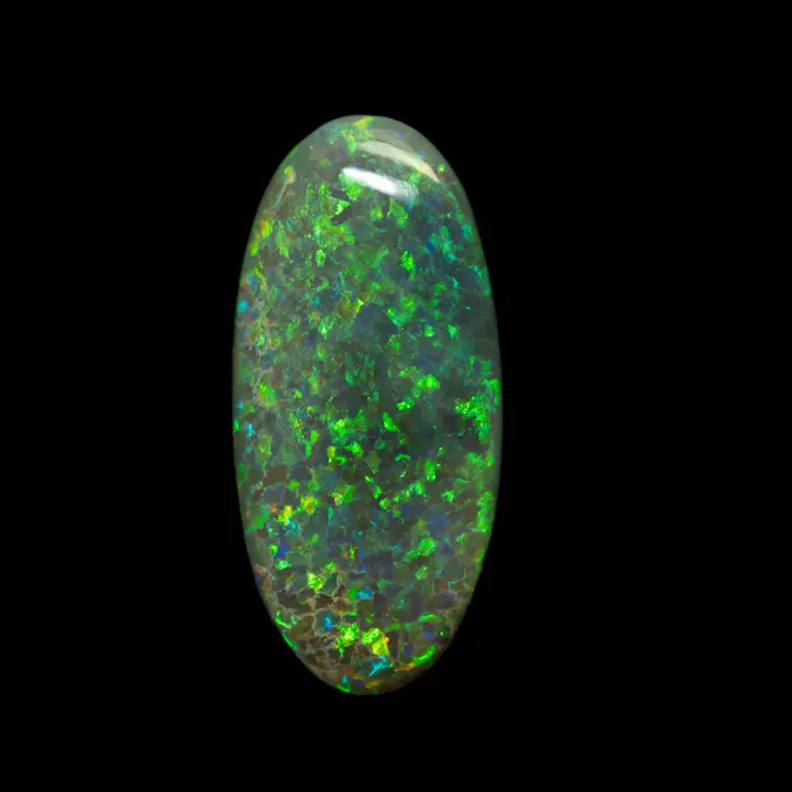 Natural Australian opal from the Lightning Rigde mines, large dark oval cabochon but not too much 8.33 carats with mostly green-yellow shine mixed with a little orange and a hint of purple