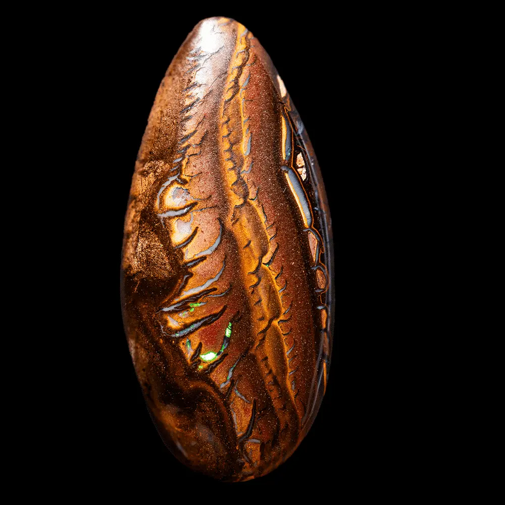 Natural Australian Koroit opal, 42.5 carat teardrop with coppery ochre matrix, brick red and filaments, coloured and brilliant interlacing