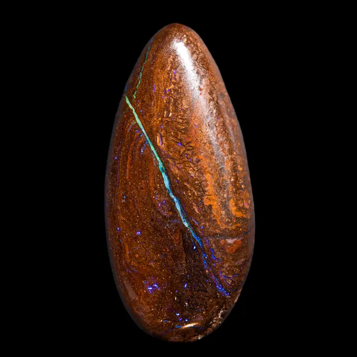 Natural Australian Koroit opal, large teardrop shape of 48.1 carats with purple micro brilliance crossed by an opalized line of all shades from blue-green to purple