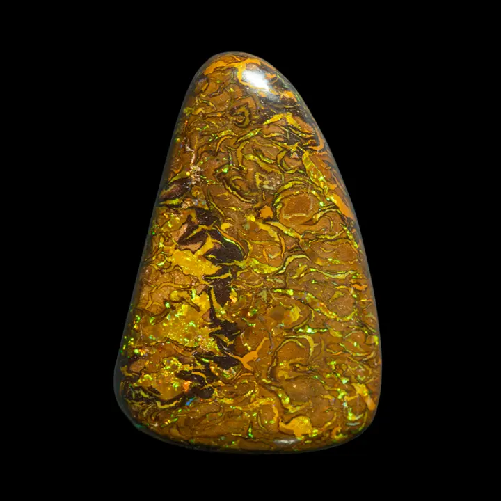 Natural Australian opal from the Koroit mines, 28.3 carat freeform with designs and brilliance on both sides; one with an ochre matrix, gold designs and fluorescent green shines, the other very different with yellow interlacing and purple shines