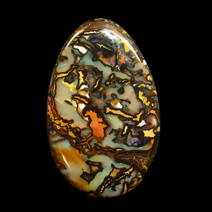 Natural Australian opal from the Koroit mines, large oval cabochon of 51.6 carats with colorful graphic designs and opal shines; The arrangement creates an abstract modern art painting